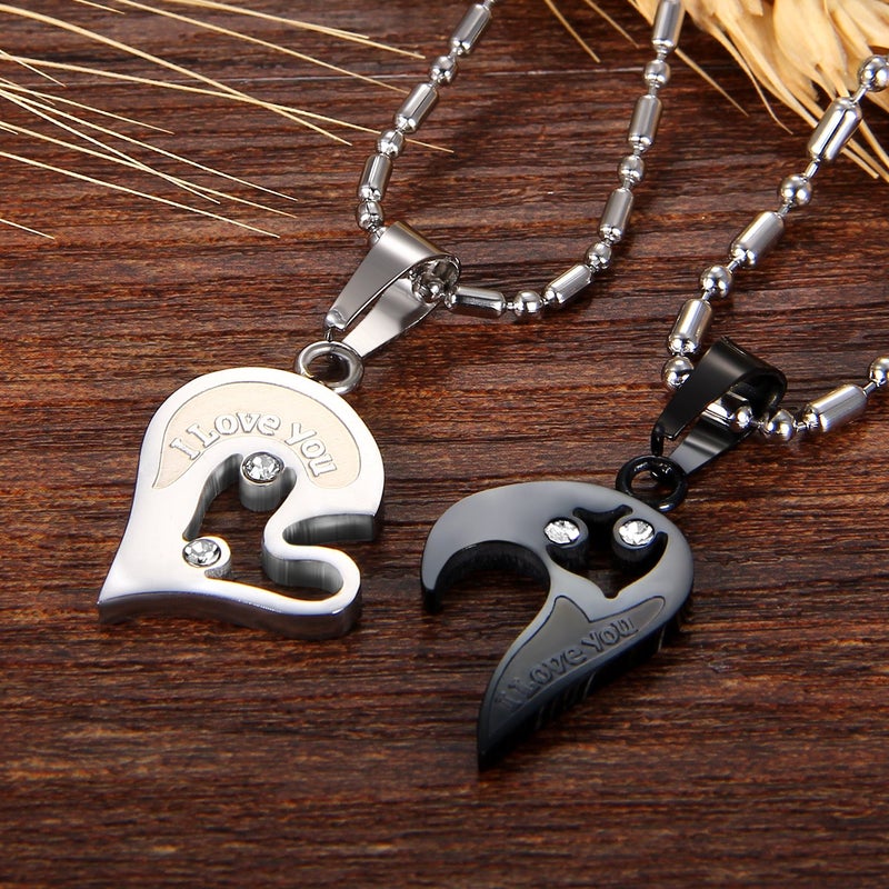 Cupimatch 2-Piece Stainless Steel Couple Necklace Rhinestone I Love You Heart Puzzle Matching Pendant for Couples with Love Chain for Valentine's Day - Image 5